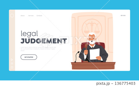 Legal Judgement Landing Page Template. Senior Judge Character With Gavel Seated At Desk, Presiding In Court 136775403