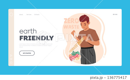 Earth Friendly Landing Page Template. Male Character Carrying String Bag Full Of Groceries, Environmentally Conscious Earth Friendly Landing Page Template. Male Character Carrying String Bag Full Of Groceries, Environmentally Conscious 136775417