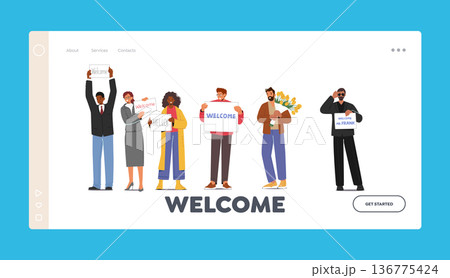 People Meeting Someone in Airport Landing Page Template. Male and Female Characters Holding Welcome Banners 136775424