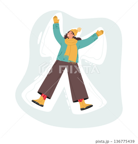Woman Lies On Freshly Fallen Snow Moving Her Limbs Gracefully To Create Snow Angels, Leaving Behind Winged Imprints 136775439