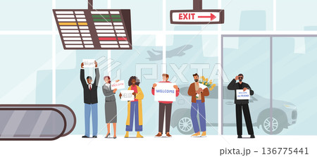 People Meeting Someone In Airport Arrival In Terminal Area. Male And Female Characters Holding Welcome Banners 136775441
