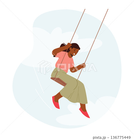 Black Female Character Swinging. Woman Gracefully Sways On A Swing, Her Laughter Echoing Through The Air Black Female Character Swinging. Woman Gracefully Sways On A Swing, Her Laughter Echoing Through The Air 136775449