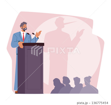 Male Character Liar with Long Nose Shade on Wall Stand On Podium Addressing A Crowd. Dishonesty, Manipulation 136775454