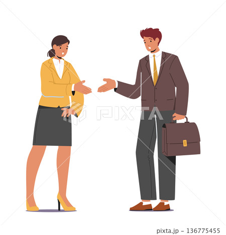 Man And Woman Characters Shaking Hands Engaging In Conversation, Chatting As Colleagues, Building Connection 136775455