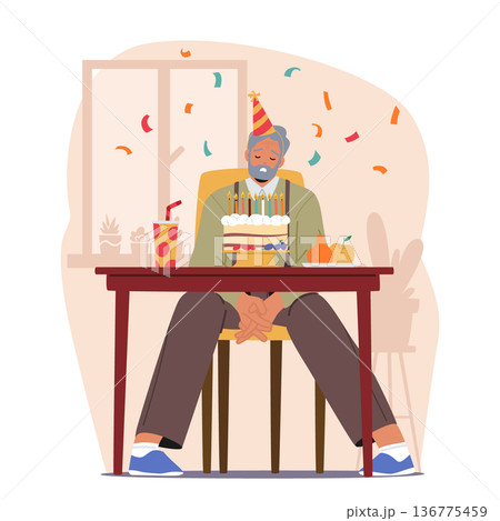 Alone On His Birthday, A Sorrowful Senior Man Sits Amidst A Simple Cake And Fading Memories, Vector Illustration 136775459