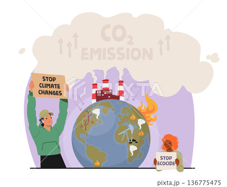 Male Character With Banner Call To Stop Climate Change. Man Protests Against Co2 Emissions, Vector Illustration Male Character With Banner Call To Stop Climate Change. Man Protests Against Co2 Emissions, Vector Illustration 136775475