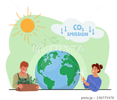 Ecological Issues, Global Warming, Environment Care, Day Of Earth Concept. Man And Woman Near Earth Globe Ecological Issues, Global Warming, Environment Care, Day Of Earth Concept. Man And Woman Near Earth Globe 136775476