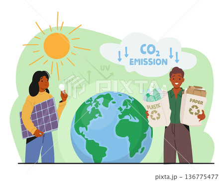Green Energy, Global Warming And Environmental Solutions Concept. Characters With Solar Panel And Reusable Package Green Energy, Global Warming And Environmental Solutions Concept. Characters With Solar Panel And Reusable Package 136775477