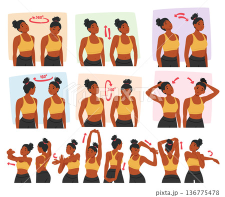 Woman Character Doing Neck And Shoulder Exercises, Including Neck Stretches, Shoulder Rolls, And Shrugs Woman Character Doing Neck And Shoulder Exercises, Including Neck Stretches, Shoulder Rolls, And Shrugs 136775478