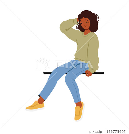 Cheerful Teenage Girl With A Radiant Smile Sits On A Parapet Or Bench, Exuding Youthful Exuberance And Positivity 136775495