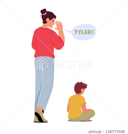 Little Boy Does Not Respond To The World Around. Child Character Immersed In Thoughts. Mom Trying to Attract Attention 136775506