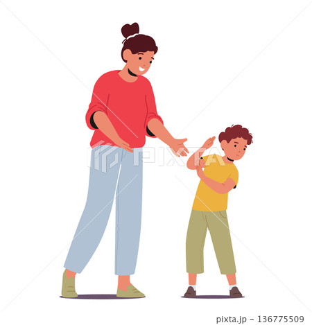 Mother Character Trying Interact With Her Autistic Son In Vain. Child Exhibiting Signs Of Autism Avoid Close Contact 136775509
