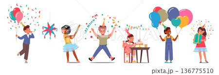 Children Joyfully Celebrate Birthday Party, Filled With Laughter, Games, Colorful Decorations, And Delicious Treats 136775510
