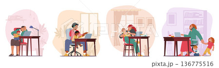 Multi-tasking Business Mothers Skillfully Balance Work On Laptops While Caring For Their Children, Vector Illustration 136775516