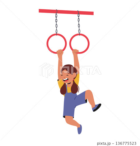 Child Girl Character Hangs From The Monkey Bars, her Determined Grip And Radiant Smile Showcasing Adventurous Spirit 136775523
