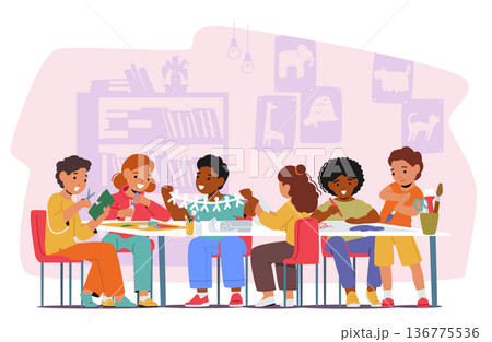 Children Enthusiastically Participate In Art Crafts, Expressing Creativity Through Painting, Drawing, Cutting Paper 136775536