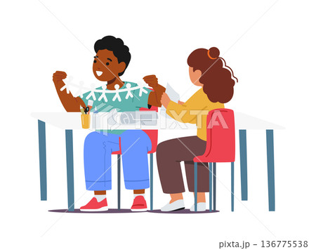 Kids Characters Cut Paper Humans In Art Crafts, Create Colorful Shapes And Designs. They Use Scissors, Glue 136775538