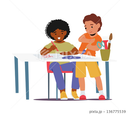 Joyful Kids Gathered Around A Table, Painting With Smiles On Their Faces, And Hearts Full Of Creativity And Excitement 136775539