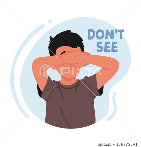 Little Boy Dont Want To See Something Awful. Young Preteen Child Closing Eyes With Hands Showing Stop Gesture 136775541