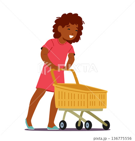 Girl Pushing A Supermarket Trolley , Little Black Child Character Browsing Aisles, Carefully Selecting Items, Vector Girl Pushing A Supermarket Trolley , Little Black Child Character Browsing Aisles, Carefully Selecting Items, Vector 136775556
