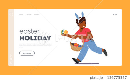 Easter Holiday Landing Page Template. Little Boy Wearing Rabbit Ears Run with Basket Full Of Colorful Easter Eggs 136775557