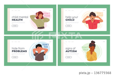 Help to Little Ones Landing Page Template Set. Kids Characters Cover Eyes, Ears, And Mouth, Cartoon Vector Illustration Help to Little Ones Landing Page Template Set. Kids Characters Cover Eyes, Ears, And Mouth, Cartoon Vector Illustration 136775568