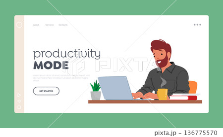 Productivity Mode Landing Page Template. Man Typing On Laptop, Displaying Satisfied Expression, Vector Illustration 136775570
