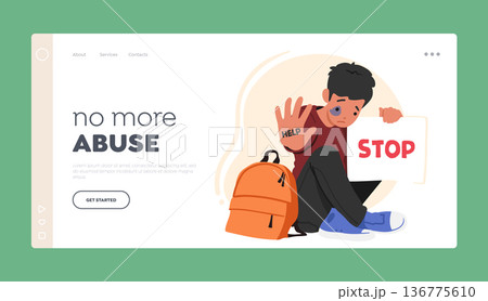 No more Abuse Landing Page Template. Young Boy Character with Signs of Beatings on Face Hold Banner With Word Stop No more Abuse Landing Page Template. Young Boy Character with Signs of Beatings on Face Hold Banner With Word Stop 136775610