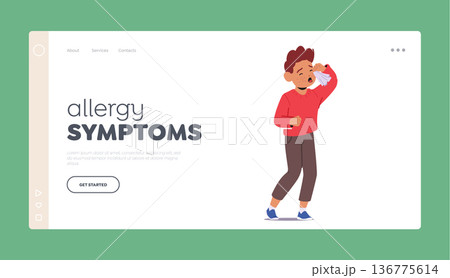 Child With Allergy Landing Page Template. Young Boy Character Experiences Adverse Reactions To Allergens, Illustration Child With Allergy Landing Page Template. Young Boy Character Experiences Adverse Reactions To Allergens, Illustration 136775614