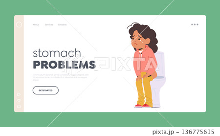 Stomach Problems Landing Page Template. Child Girl Character with Diarrhea Is Common Condition, Vector Illustration 136775615