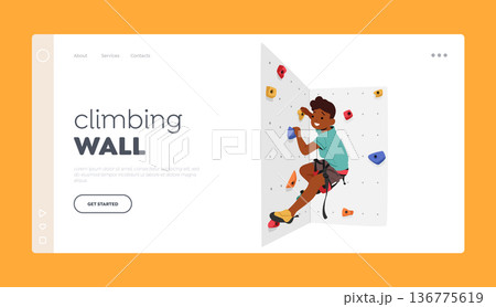 Climbing Wall Landing Page Template. Child Conquering A Climbing Wall With Determination And Skill Vector Illustration 136775619
