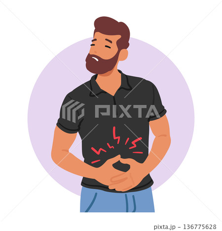 Male Character Experiencing Abdominal Discomfort, Symptom Of Gastritis. Man Feel Pain, And Discomfort In Stomach Area Male Character Experiencing Abdominal Discomfort, Symptom Of Gastritis. Man Feel Pain, And Discomfort In Stomach Area 136775628