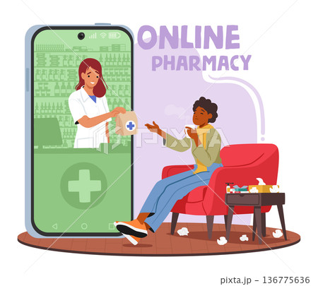 Ailing Woman Orders Medicine From An Online Pharmacy. Female Character Seeking Relief From Illness, Vector Illustration Ailing Woman Orders Medicine From An Online Pharmacy. Female Character Seeking Relief From Illness, Vector Illustration 136775636