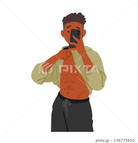 Gym Selfie Concept. Man Capturing A Self-portrait While Working Out, Fit Male Character Showcasing His Belly Press 136775650