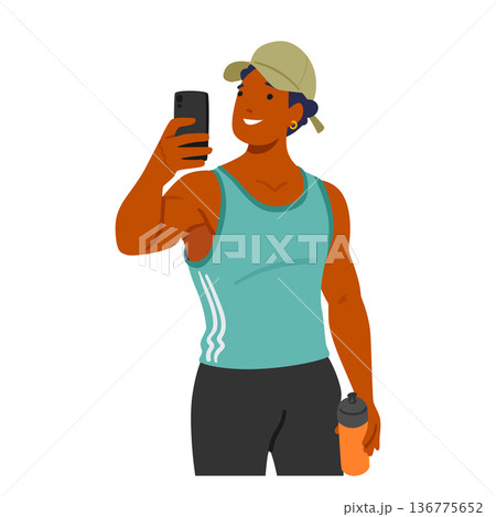 Gym-goer Male Character Capturing Selfie Mid-workout, Showcasing Dedication And Progress, Vector Illustration 136775652