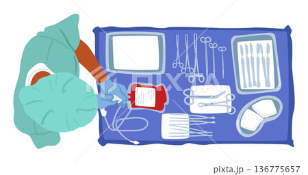 Nurse Character Wear Lab Coat Stands Ready With Surgical Tools, Assisting The Medical Team During Surgery 136775657