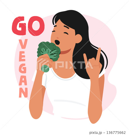 Vibrant Vegan Woman Holds A Bunch Of Fresh Broccoli Imitate Rock Singer With Microphone, Cartoon Vector Illustration 136775662
