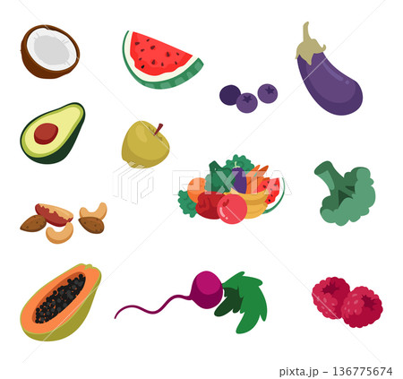 Set of Ripe Fresh Fruits and Vegetables. Coconut, Watermelon, Blueberries and Eggplant. Avocado, Apple, Broccoli, Nuts Set of Ripe Fresh Fruits and Vegetables. Coconut, Watermelon, Blueberries and Eggplant. Avocado, Apple, Broccoli, Nuts 136775674