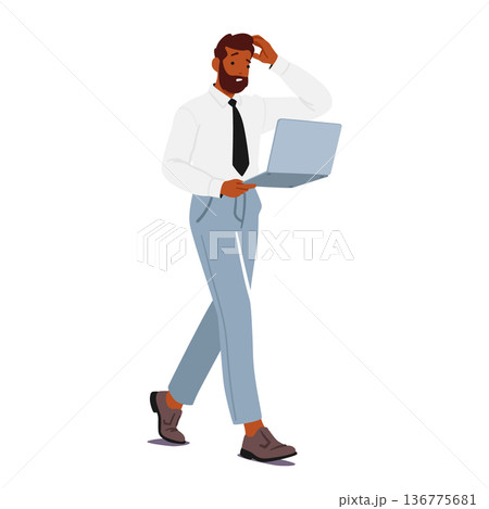 Befuddled Businessman Character Clutching Laptop, Wears Furrowed Brow, Portraying The Chaos Of Modern Corporate Life Befuddled Businessman Character Clutching Laptop, Wears Furrowed Brow, Portraying The Chaos Of Modern Corporate Life 136775681