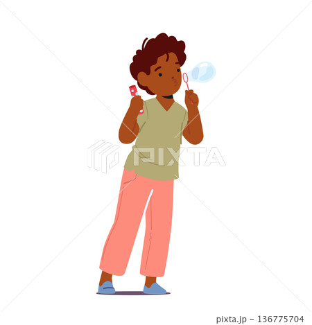 Joyful Child Blowing And Chasing Soap Bubbles, Little African Boy Character Gleefully Popping Them With Laughter 136775704