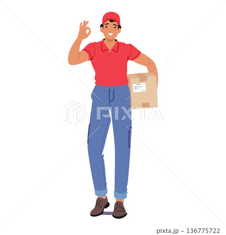 Courier Male Character Confidently Displays An Ok Gesture While Holding A Parcel, Ensuring A Secure Delivery 136775722