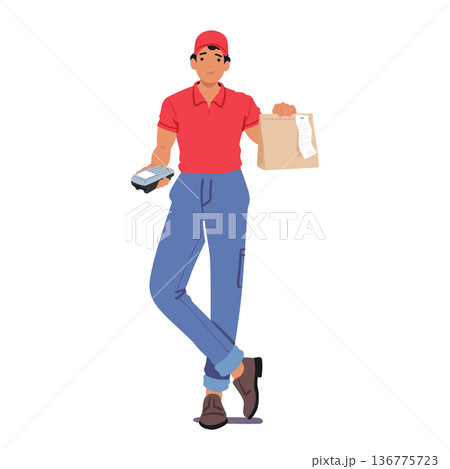 Courier Character Delivering A Food Package With A Pos Terminal, Ensuring Secure Payments And Efficient Transactions Courier Character Delivering A Food Package With A Pos Terminal, Ensuring Secure Payments And Efficient Transactions 136775723