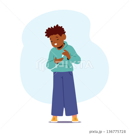 Child With Diabetes Manages Sugar Levels Using Pen For Insulin Administration. Little African American Boy 136775728