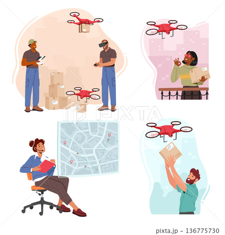 Set Drones Delivery Service, Technology Of Air Transportation Goods To Customers. Fast, Efficient Alternative Set Drones Delivery Service, Technology Of Air Transportation Goods To Customers. Fast, Efficient Alternative 136775730