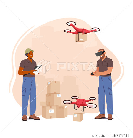 Warehouse Workers Use Modern Delivery System That Employs Unmanned Aerial Vehicles To Transport Package To Customer Warehouse Workers Use Modern Delivery System That Employs Unmanned Aerial Vehicles To Transport Package To Customer 136775731