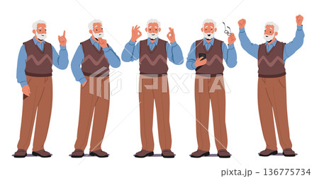 Senior Man Character Displays A Range Of Emotions, Wisdom, Joy, Resilience, Contentment, Contemplation 136775734