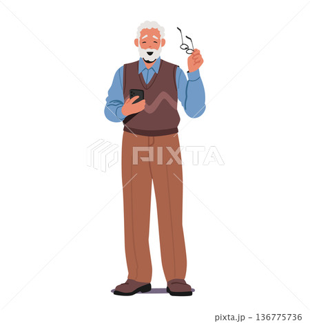 Elderly Man With Joyful Smile, Wearing Glasses, Holding Smartphone. Male Character Radiating Positivity Elderly Man With Joyful Smile, Wearing Glasses, Holding Smartphone. Male Character Radiating Positivity 136775736