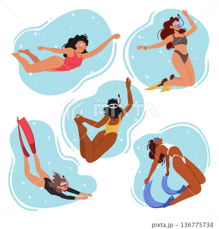 Set Of Women Diving In Bikini And Swimsuits. Female Characters Enjoying The Sea And Exploring Marine Life 136775738
