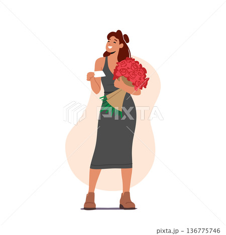 Surprised Girl Get Bouquet With Card From Courier For Valentine Day Or Birthday. Love, Human Relation, Dating Surprised Girl Get Bouquet With Card From Courier For Valentine Day Or Birthday. Love, Human Relation, Dating 136775746