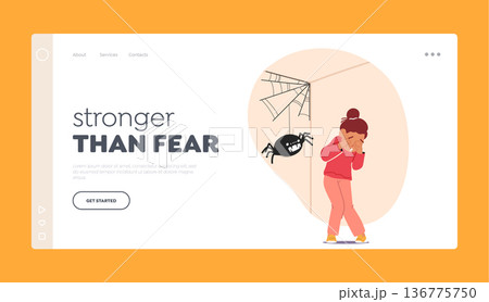 Intense Fear Of Spiders Landing Page Template. Child Character Experiences Arachnophobia, Vector Illustration Intense Fear Of Spiders Landing Page Template. Child Character Experiences Arachnophobia, Vector Illustration 136775750